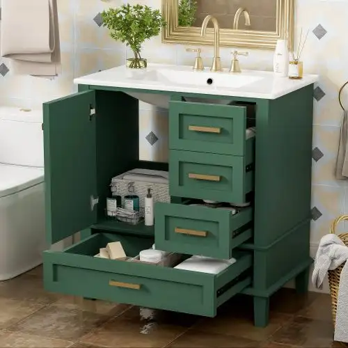 30 Bathroom Vanity , Modern Bathroom Cabinet With Sink Combo Set, Bathroom Storage Cabinet With A Soft Closing Door And 3 Drawers, Solid Wood Frame - Green