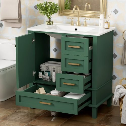 30 Bathroom Vanity , Modern Bathroom Cabinet With Sink Combo Set, Bathroom Storage Cabinet With A Soft Closing Door And 3 Drawers, Solid Wood Frame - Green