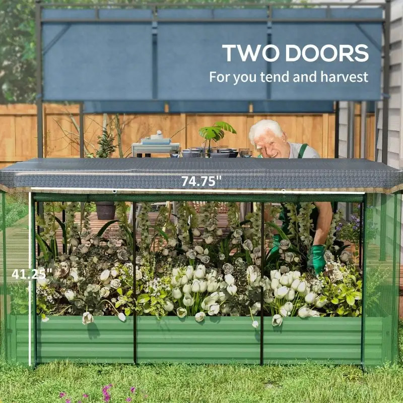 Galvanized Steel Planter Box With Crop Cage And Shade Cloth, Raised Garden Bed-Green