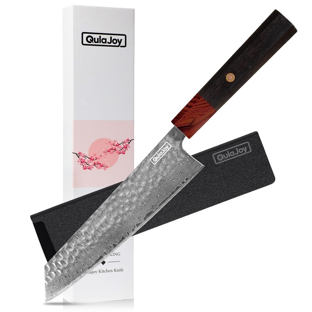 Qulajoy 8 Inch Chef Knife - Japanese Damascus VG-10 Super Steel Hammered Kitchen Knife - African Rosewood Octagonal Handle With Sheath - Chef thumbnail 3