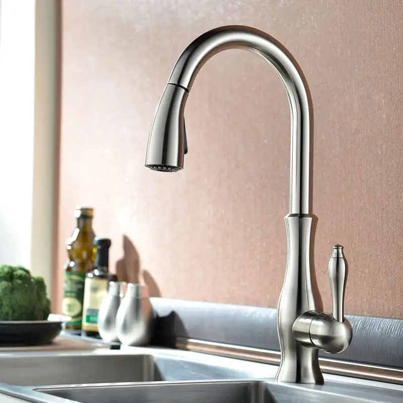 All Copper Rotatable Pull-Out Retractable Kitchen Faucet - Gold