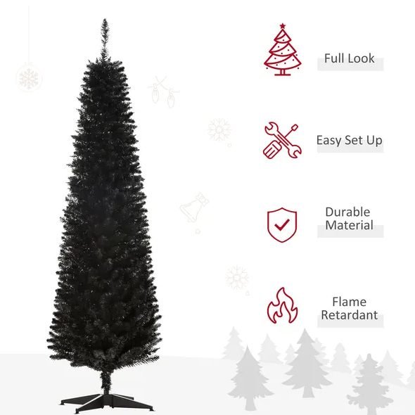 6 Ft Artificial Pencil Christmas Tree, Slim Xmas Tree With 390 Realistic Branch Tips And Plastic Stand, Black thumbnail 3