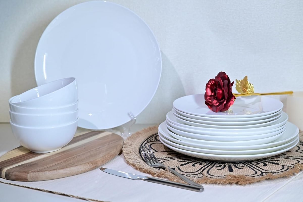 Jasmine Bone China Dinnerware Set, 16 Pieces, Service For 4, White Plates, Dishes, Bowls Set, Microwave And Dishwasher Safe