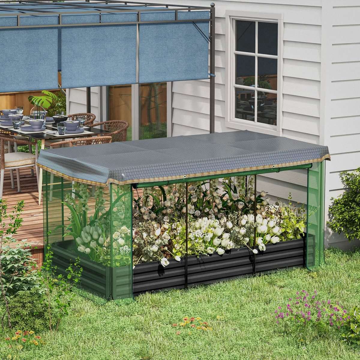 Galvanized Steel Planter Box With Crop Cage And Shade Cloth, Raised Garden Bed For Flowers, Veggies And Herbs, Gray