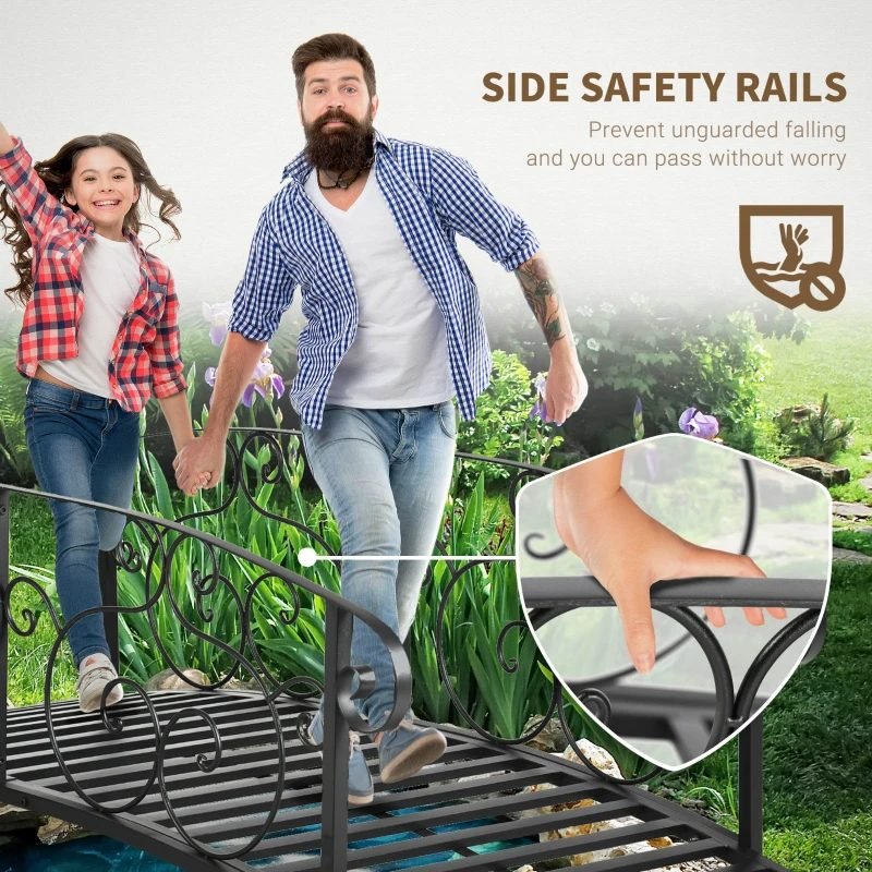 6' Metal Arch Backyard Garden Bridge, Safety Siderails, Arc Footbridge For Backyard Creek, Stream, Pond, Black thumbnail 3