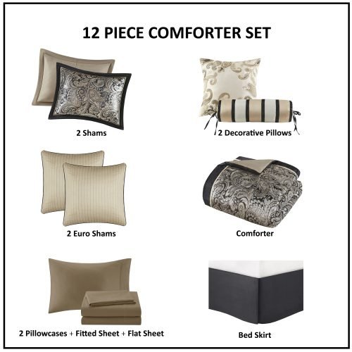 12 Piece Comforter Set With Cotton Bed Sheets Black King thumbnail 2