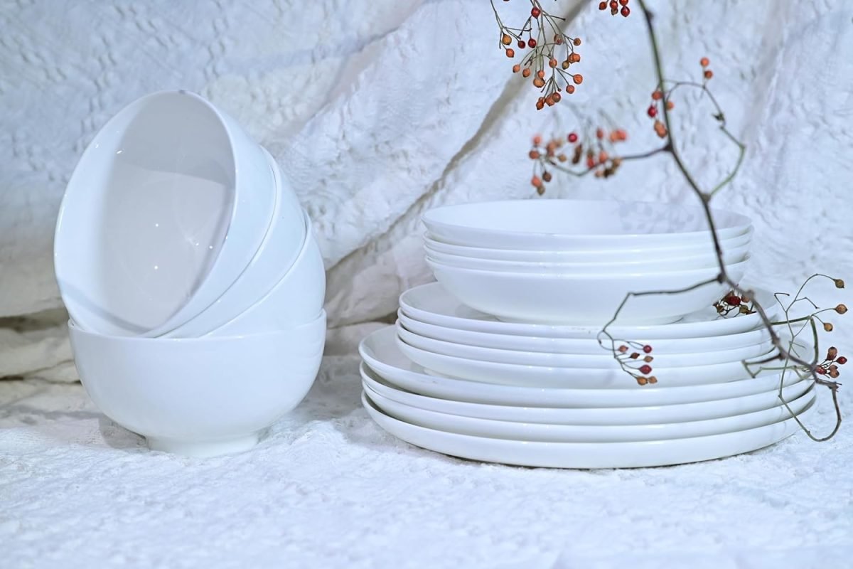 Lily Bone China Dinnerware Set, 16 Pieces, Service For 4, White Plates, Dishes, Bowls Set, Microwave And Dishwasher Safe