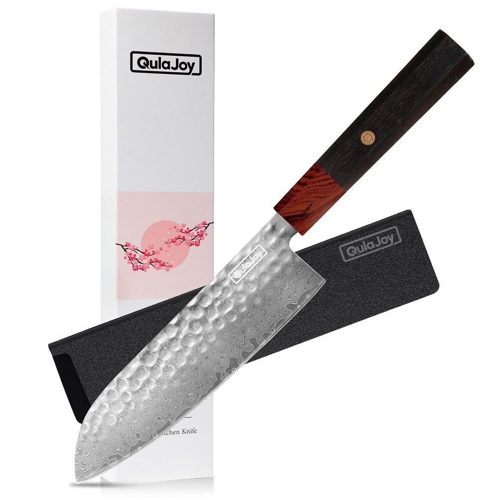 Qulajoy 8 Inch Chef Knife - Japanese Damascus VG-10 Super Steel Hammered Kitchen Knife - African Rosewood Octagonal Handle With Sheath - Chef thumbnail 2