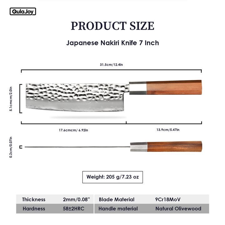 Qulajoy Nakiri Knife 7 Inch - Hammered Japanese Vegetable Knife 9cr18mov Mirror Polishing Hand Forged Blade Kitchen Knife - Olivewood Handle With Sheath - Nakiri thumbnail 3