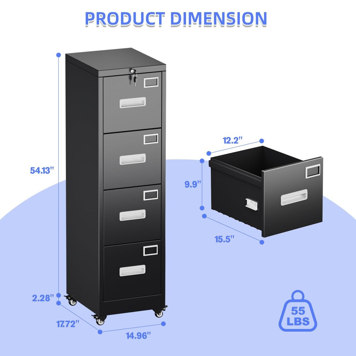 4 Drawer Vertical File Cabinet On Wheels, Lockable Office Files Storage Cabinet With Handle And Name Card,Mobile Storage Cabinet For Office And Home,Assembly Required,Black thumbnail 3