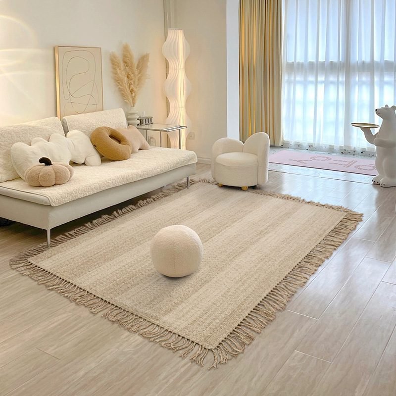 Handmade Natural Wool Living Room Milk White Modern Simple And Light Luxury Home Bedroom Bedside Calligraphy Carpet - Round Tassel Style-Diameter 100cm thumbnail 1