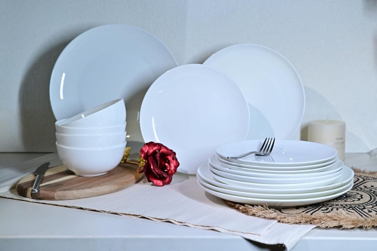 Jasmine Bone China Dinnerware Set, 16 Pieces, Service For 4, White Plates, Dishes, Bowls Set, Microwave And Dishwasher Safe thumbnail 2