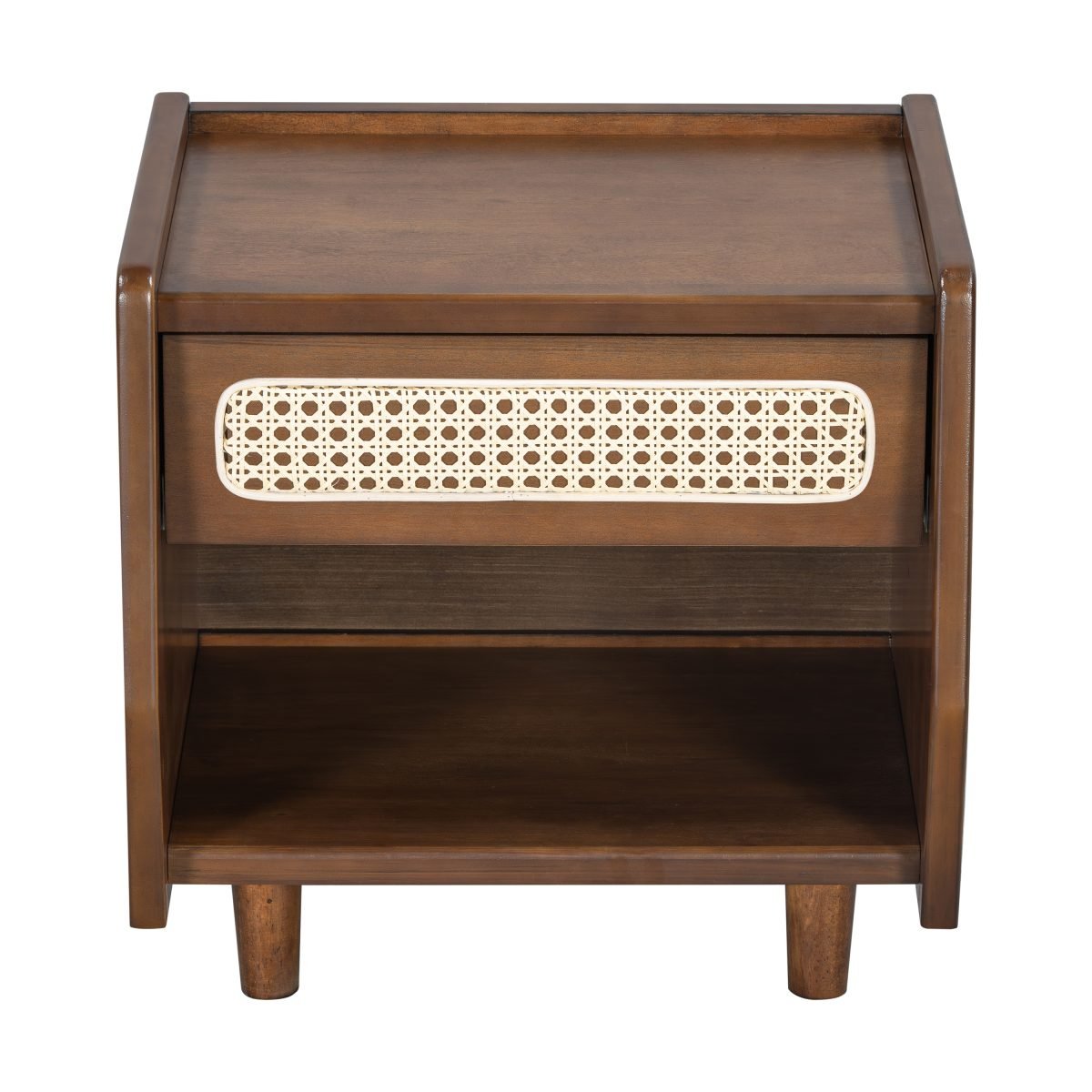 Walnut Nightstand With Rattan Detail, MDF Solid Wood, Modern Bedroom Storage, Open Shelf & Drawer, Indoor Furniture thumbnail 2