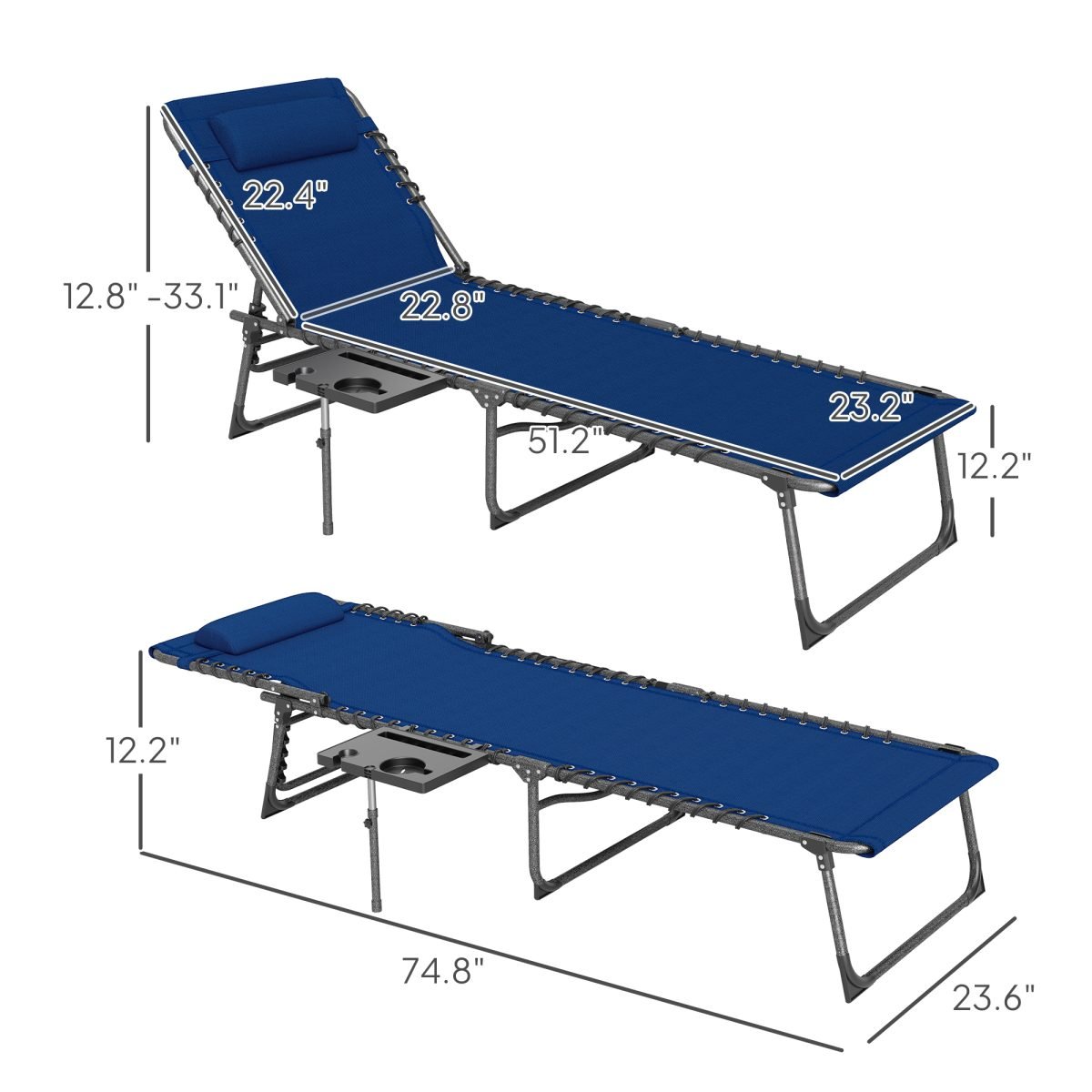 Folding Outdoor Chaise Lounge Chair Tanning Chair With 5-Level Adjustable Back, Side Table, Pillow, Pocket, Dark Blue thumbnail 4