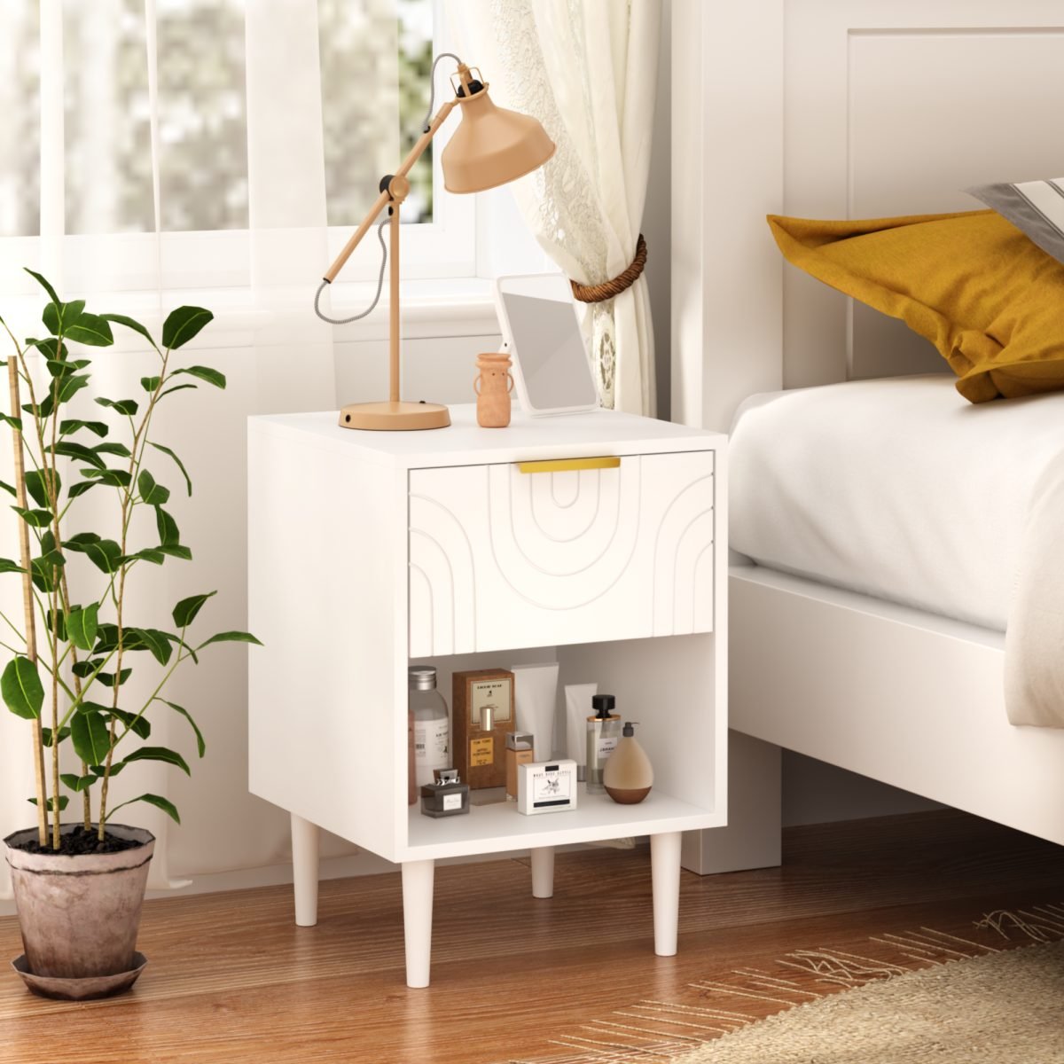 22.83'' H Modern White Nightstand With One Drawer And Open Shelf, Gold - Accented Handle, Ideal For Bedroom Decor thumbnail 4