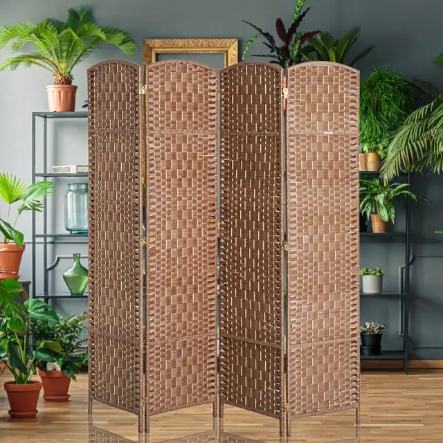 6FT Tall 4-Panel Wicker Weave Room Divider, Folding Privacy Screen, Portable Partition For Bedroom & Home Office, Natural