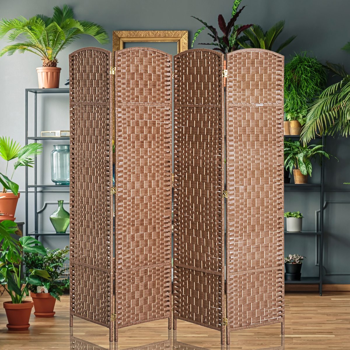 6FT Tall 4-Panel Wicker Weave Room Divider, Folding Privacy Screen, Portable Partition For Bedroom & Home Office, Natural thumbnail 1