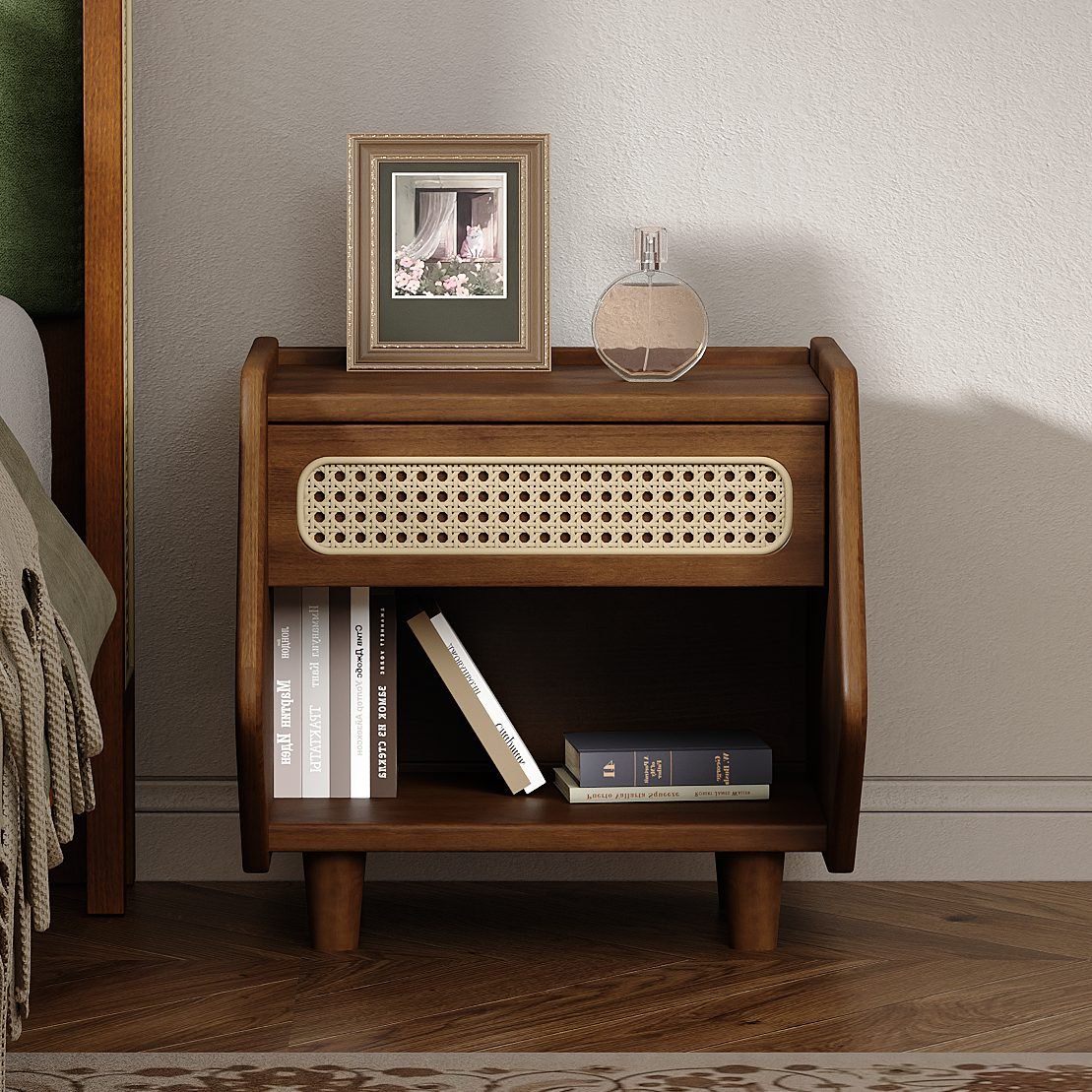 Walnut Nightstand With Rattan Detail, MDF Solid Wood, Modern Bedroom Storage, Open Shelf & Drawer, Indoor Furniture thumbnail 1