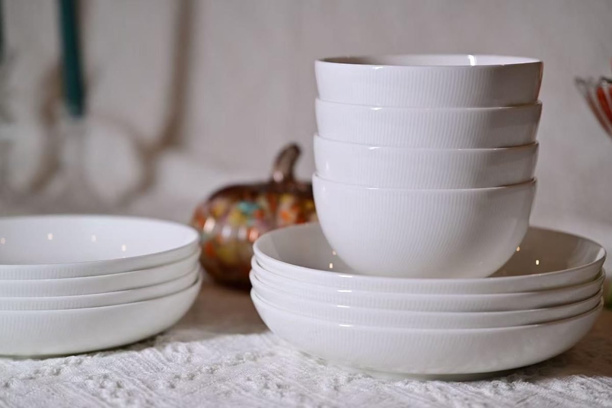 Setaria Bone China Dinnerware Set, 12 Pieces, Service For 4, Plates, Dishes, Bowls Set, Microwave And Dishwasher Safe, Ivory White With Narrow Curve Stripe thumbnail 4