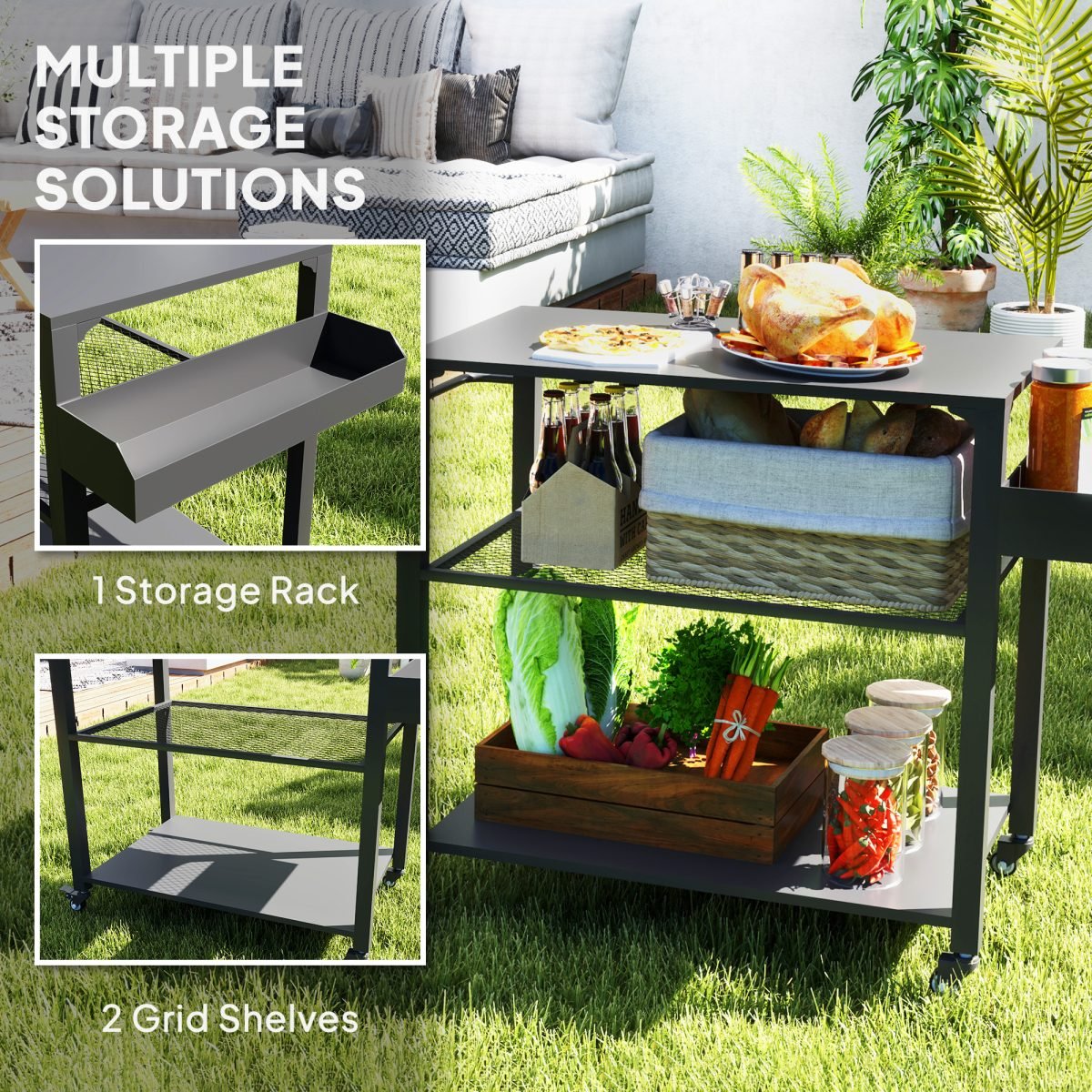 3-Tier Outdoor Grill Cart With Storage Racks, Side Handle, Movable Pizza Oven Table On Wheels thumbnail 4
