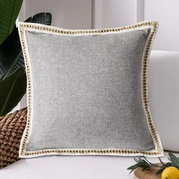 Set Of 2 Throw Pillow Covers Vintage Linen Trimmed Cushion Covers