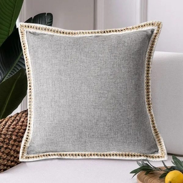 Set Of 2 Throw Pillow Covers Vintage Linen Trimmed Cushion Covers thumbnail 1