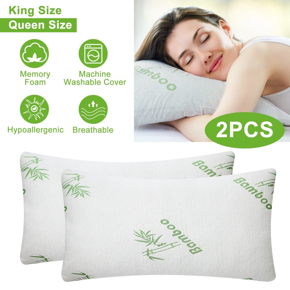 2Pcs Or 1Pcs Bamboo Memory Foam Pillow Hypoallergenic Bed Pillow For Head Neck Rest Sleeping Shredded Pillow Washable Cover Queen Size Pillow - Queen-1Pc