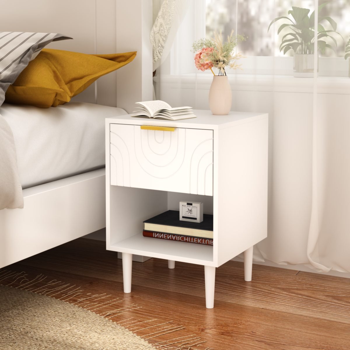 22.83'' H Modern White Nightstand With One Drawer And Open Shelf, Gold - Accented Handle, Ideal For Bedroom Decor