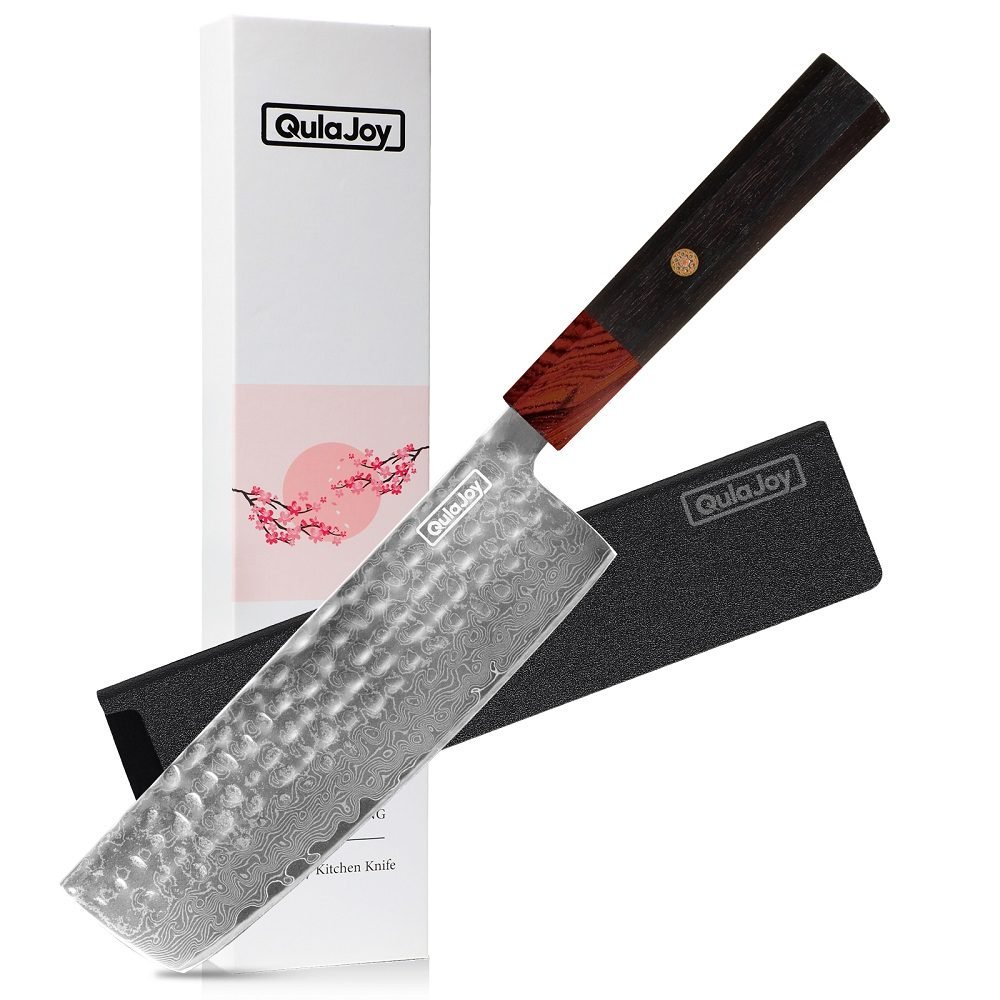 Qulajoy 8 Inch Chef Knife - Japanese Damascus VG-10 Super Steel Hammered Kitchen Knife - African Rosewood Octagonal Handle With Sheath - Chef