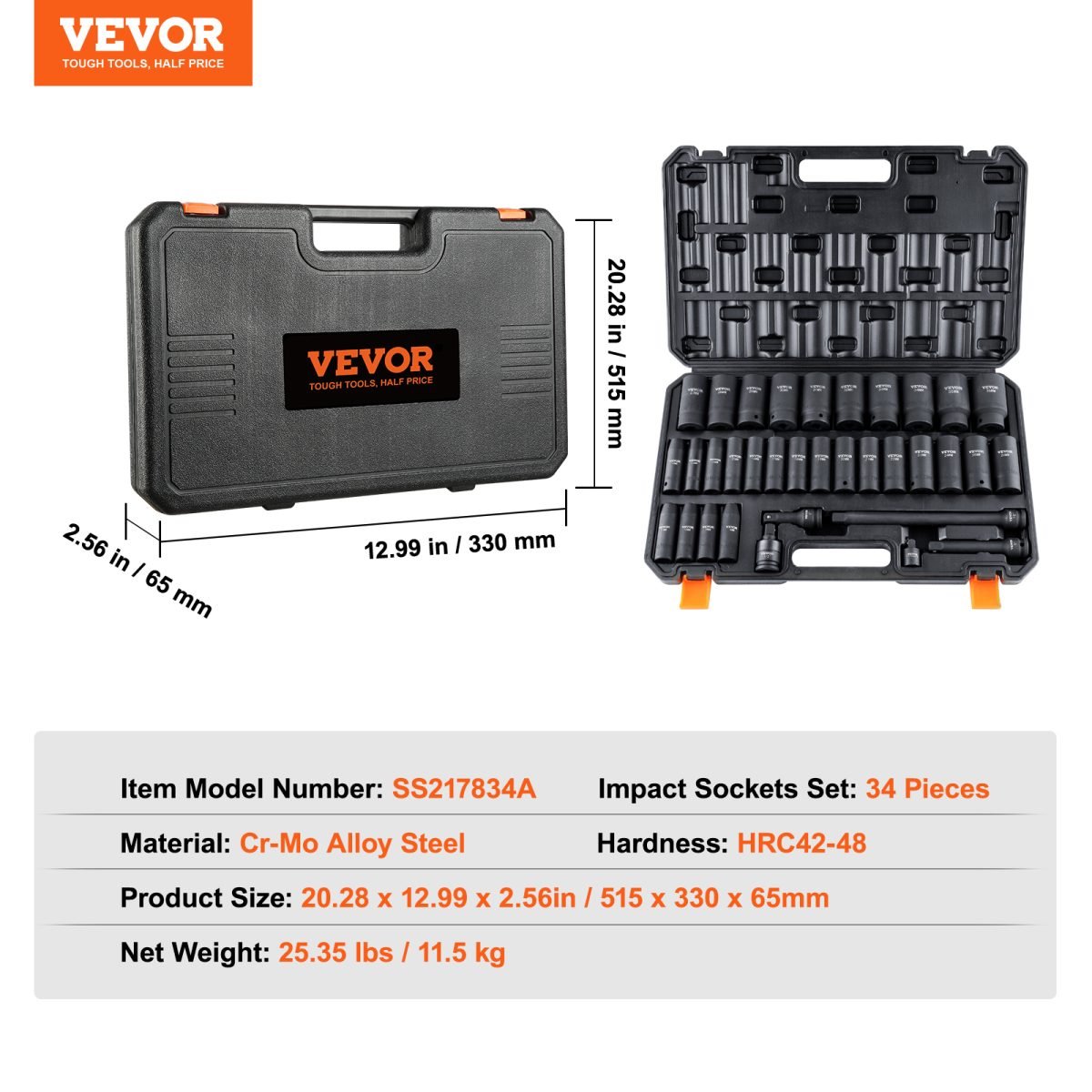 VEVOR Drive Deep Impact Socket Set, 34pcs Socket Set Metric 8-36mm 6 Point Cr-MO Alloy Steel For Auto Repair, Rugged Construction, Includes Heavy Duty Storage Case thumbnail 3