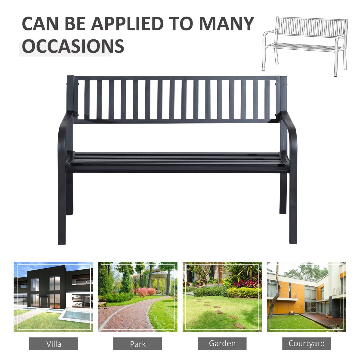 50ft Outdoor Bench Seat, Patio Bench With Slatted Seat, Metal Porch Bench, With 2 Person Design, For Poolside, Lawn, Black thumbnail 3