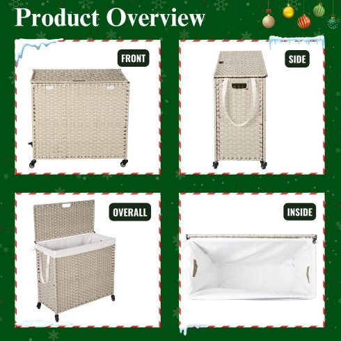 Laundry Hamper With Lid PE Rattan Powder Coating Frame Clothes Hampers With 02 Removable Bags, Wheels, 160L, Gray Color thumbnail 3