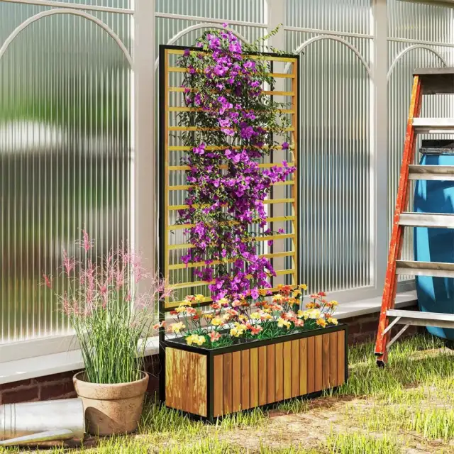 Wooden Raised Garden Bed With Trellis, Removable Pots For Backyard-Teak