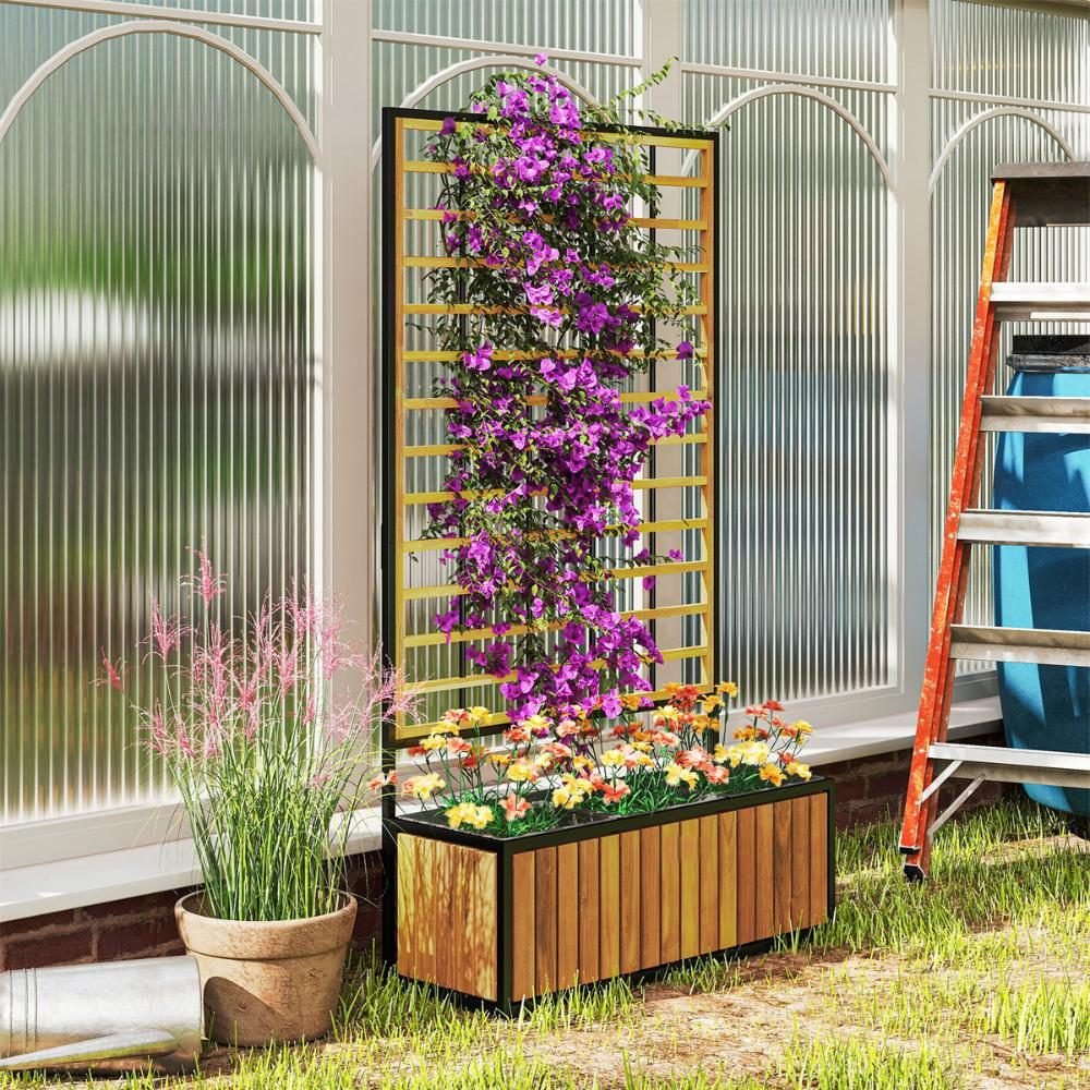 Wooden Raised Garden Bed With Trellis, Removable Pots For Backyard-Teak