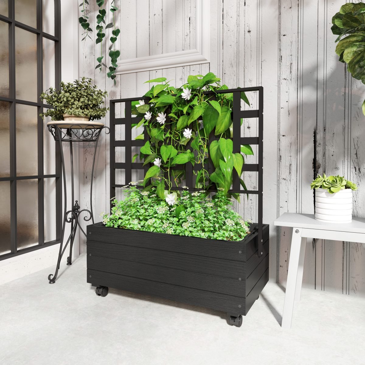 Raised Garden Bed With Trellis And Wheels, Outdoor Planter Wooden Elevated Garden Bed