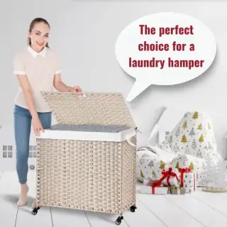 Laundry Hamper With Lid PE Rattan Powder Coating Frame Clothes Hampers With 02 Removable Bags, Wheels, 160L, Gray Color