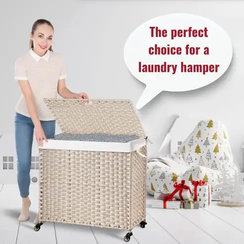 Laundry Hamper With Lid PE Rattan Powder Coating Frame Clothes Hampers With 02 Removable Bags, Wheels, 160L, Gray Color