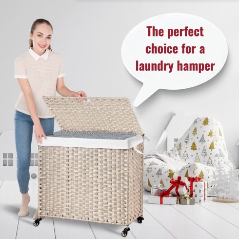 Laundry Hamper With Lid PE Rattan Powder Coating Frame Clothes Hampers With 02 Removable Bags, Wheels, 160L, Gray Color
