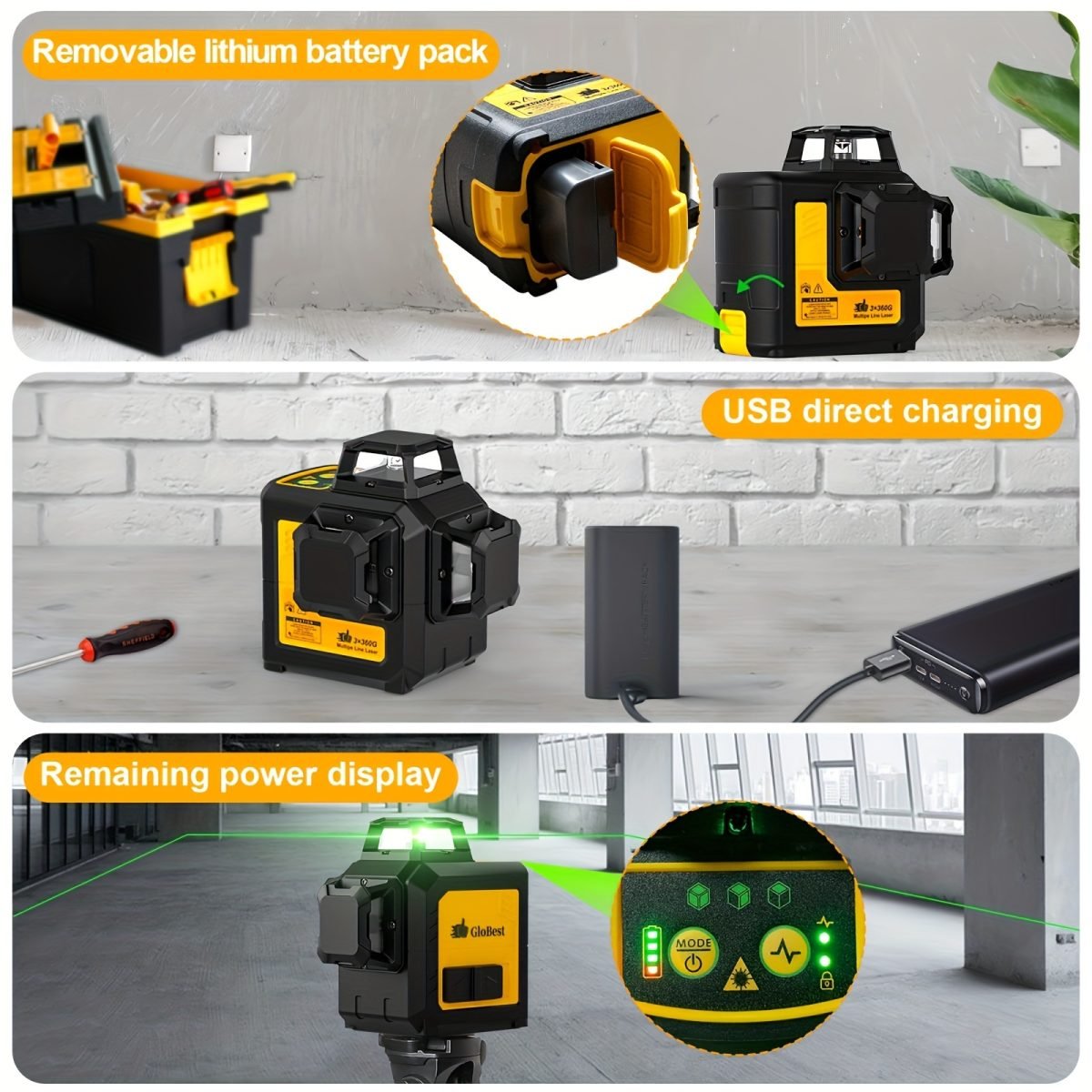 Self Leveling Laser Level Tool, 3x360 Line Lasers, 12 Lines Green Beam Leveler Tool, With Self-leveling, Manual, Pulse Mode, Lazer Level With 360 Magnetic Base And Rechargeable Battery thumbnail 2