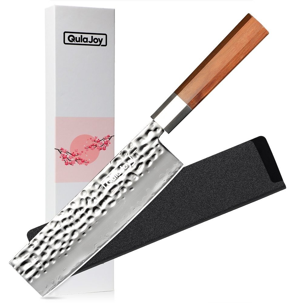 Qulajoy Nakiri Knife 7 Inch - Hammered Japanese Vegetable Knife 9cr18mov Mirror Polishing Hand Forged Blade Kitchen Knife - Olivewood Handle With Sheath - Nakiri