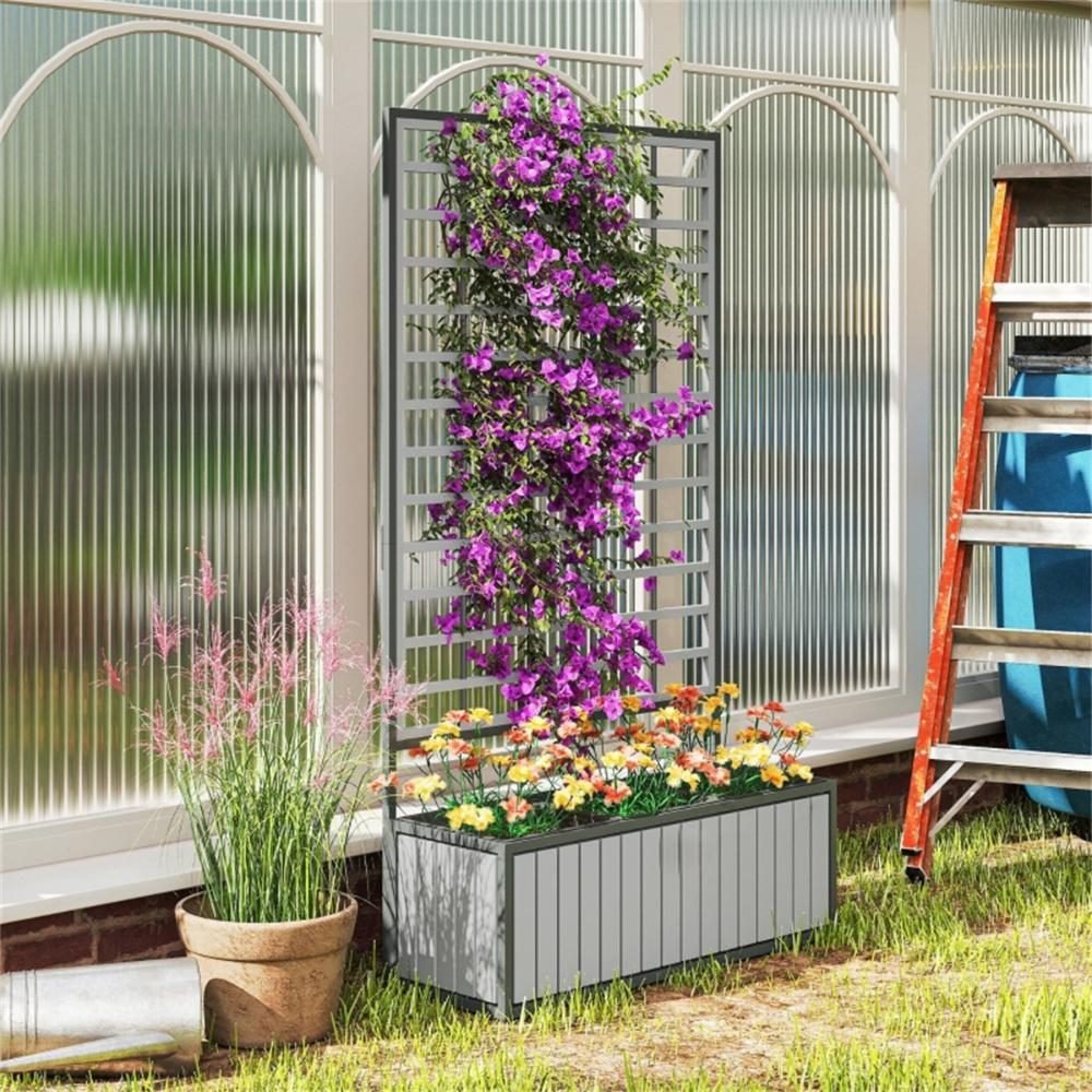 Wooden Raised Garden Bed With Trellis, Removable Pots-Gray thumbnail 2