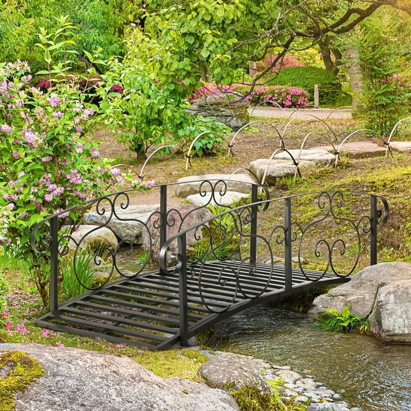 6' Metal Arch Backyard Garden Bridge, Safety Siderails, Arc Footbridge For Backyard Creek, Stream, Pond, Black thumbnail 4