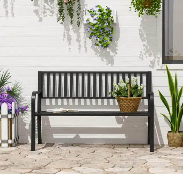 50ft Outdoor Bench Seat, Patio Bench With Slatted Seat, Metal Porch Bench, With 2 Person Design, For Poolside, Lawn, Black