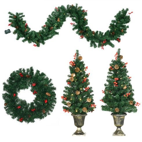 HOMCOM Prelit Holiday Christmas 4-Piece Set, Garland Wreath And Set Of 2 Entrance Trees With Warm White LED Lights, Red Berries, Pine Cones, Green thumbnail 3