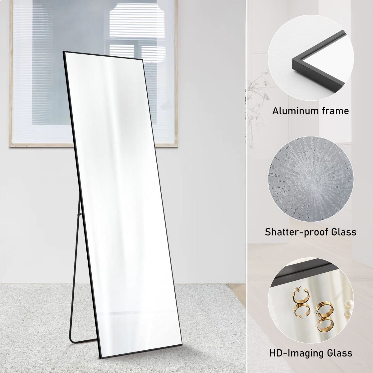 Floor Standing Mirror With Stand, Thin Aluminum Frame - Gold, 59 Inch thumbnail 2