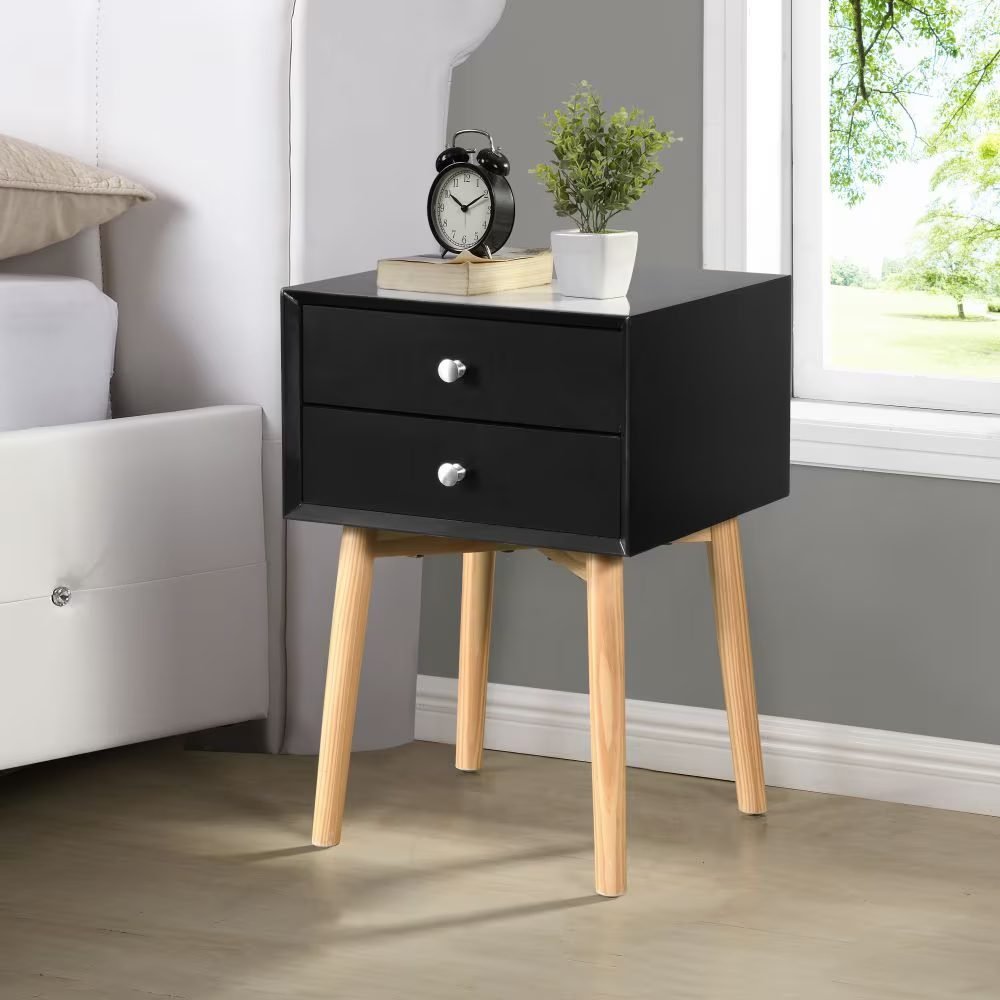 Side Table,Bedside Table With 2 Drawers And Rubber Wood Legs, Mid-Century Modern Storage Cabinet For Bedroom Living Room thumbnail 1