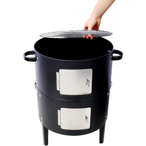 17 Inch Steel Charcoal Smoker, Heavy Duty Round Grill For Outdoor Cooking, Black thumbnail 3