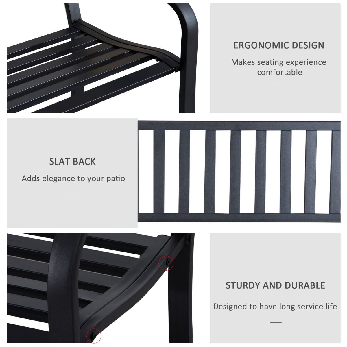 50ft Outdoor Bench Seat, Patio Bench With Slatted Seat, Metal Porch Bench, With 2 Person Design, For Poolside, Lawn, Black thumbnail 4