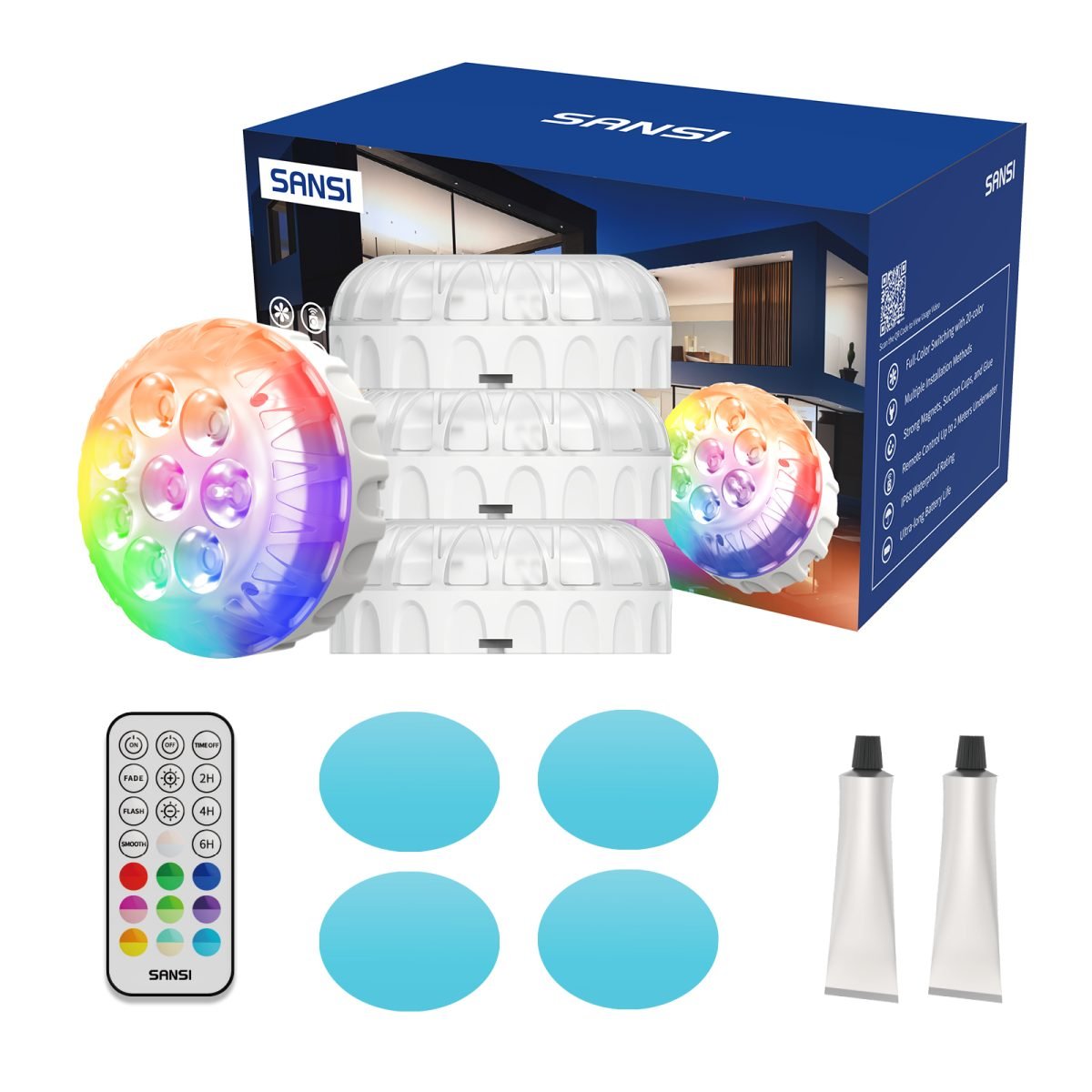 SANSI IP68 Waterproof RGB Pool Light, Summer Rechargeable 20Hrs Outdoor LED Lamp For Swimming Pool,Pond,Shower,Bath - 2pack