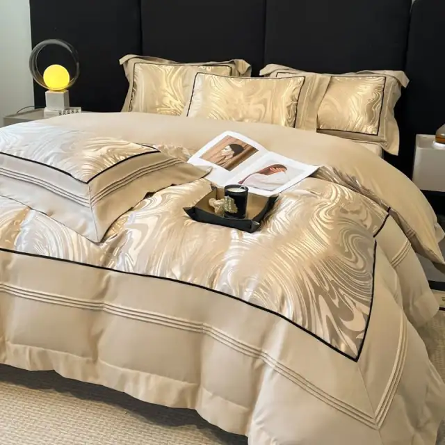 Light Luxury High-grade Yarn-dyed Four-piece Jacquard Beddings - Champagne-1.5m flat sheet